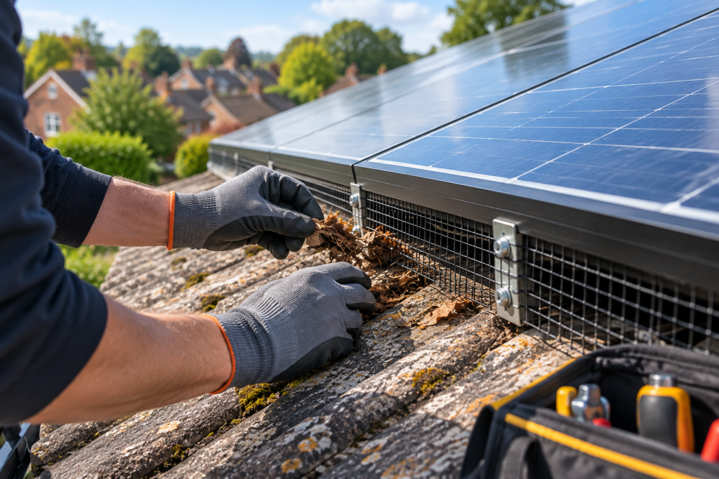 Close-up inspection of pigeon mesh and solar panel fixing points